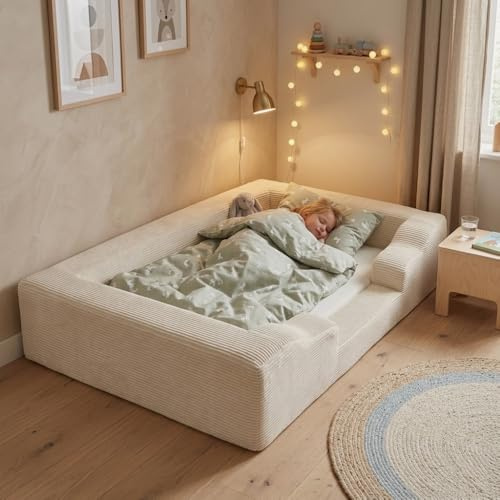 Wonder Space Schaumstoff Bodenbett für Kleinkinder - Weiches Kinderbett mit Abnehmbarem Cord-Bezug, Memory Foam Bettbasis für Kinder 1-5 Jahre, Passt auf Standard Matratze (Beige)