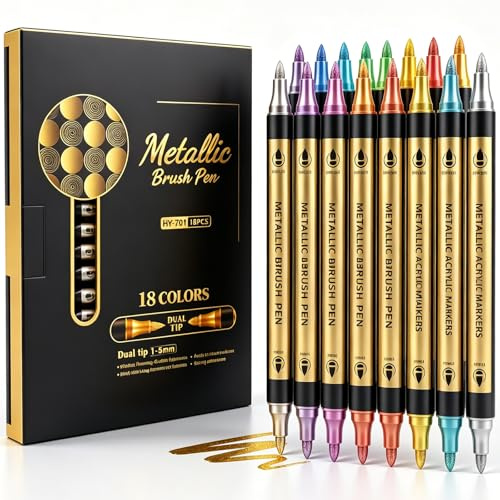 Tocyfia Dual tip Metallic Marker Stifte Set,18 Acrylstifte Wasserfest | für Fotoalbum, Gästebuch, Hochzeit, Sammelalbum, schwarzes Papier, Stein, Glas, Holz, Ostereier, Weihnachtszhuang.