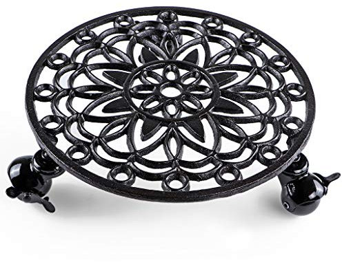 Skelang Cast Iron Plant Stand, Planter Casters with Lock Wheel, Plant Pallet Caddy, Plant Pot Dolly, Rolling Tray, Moving Plant Pot Saucer, Diameter 11.5