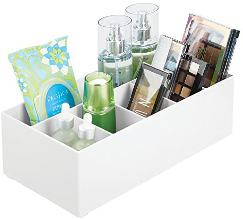 mDesign Schminkaufbewahrung für Wasch- oder Schminktische – Aufbewahrungsbox aus BPA-freiem Kunststoff für Make-up – moderner Kosmetik Organizer mit 6 Fächern – weiß