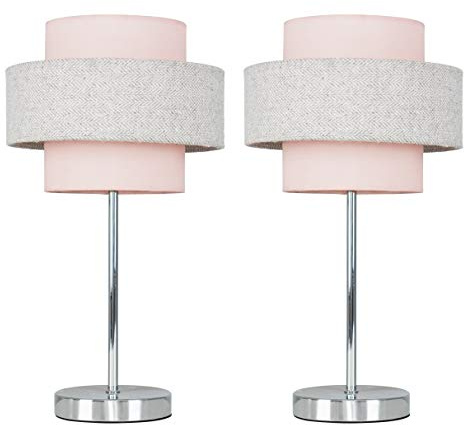 MiniSun | Modern Polished Chrome Touch Table Lamps with a Pink and Grey Herringbone Shade | Table Lamps, Home Décor & Improvement Essential | Set of 2