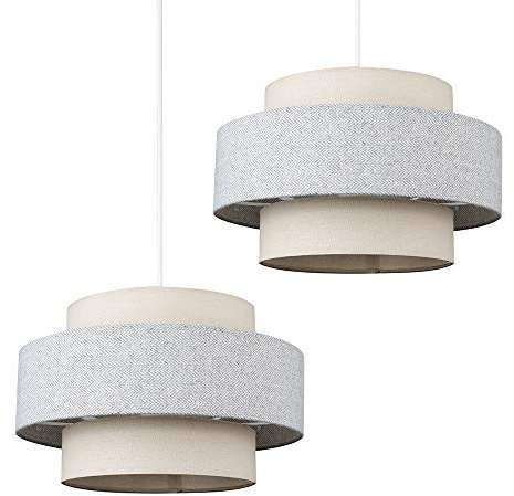 MiniSun | Modern Ceiling Light Shades in a Cream and Grey Herringbone Finish | Pendant Lights, Home Décor & Improvement Essential | Set of 2 | Includes 10W GLS Bulbs | 30cm Shade Width