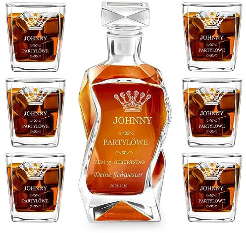 Maverton Whiskey Karaffe + 6er Whiskygläser Set mit Gravur - 700ml Whisky Dekanter - zu Weihnachten - Geschenk zum Geburtstag für Männer - Partylöwe