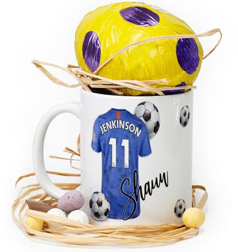 Personalised Mug and Belgian Milk Chocolate/Hot Chocolate Stirrer Marshmallow Gift Set, Customised with Name / Number / Text, (11oz) White, Yellow, Blue, Black, Pink Mug with Blue Patch Football Shirt
