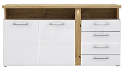 FORTE Tuluza Kommode mit 2 Türen und 4 Schubladen, Holzwerkstoff, Weiß + Artisan Eiche / Weiß Hochglanz, 73,5 x 85,9 x 163,2 cm