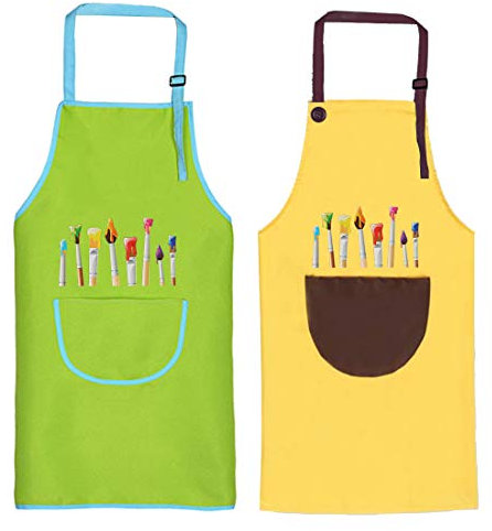 Malschürze Kinder, 2 Stück Kinder Schürzen Set mit Taschen, Kochschürze Kinder Jungen Mädchen, Verstellbare Kleinkind Kochschürze für Basteln Malen Backen Kochen, Grün und Gelb (8-12 Jahre)