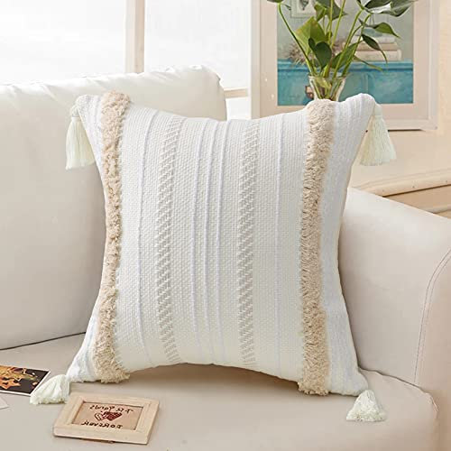 LOMOHOO Kissenbezug 50x50cm Beige Boho Einfach Büschelige Quaste Geometrisch Gestrickte dekorative Hauptkissenbezüge Festes Gewebte Sofastuhl Bettwäsche Kissenbezüge für Couch Wohnzimmer 1pc