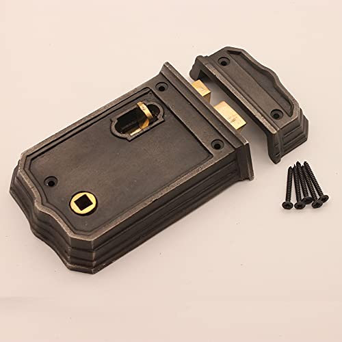 Infinity Decor Gothic Old Vintage Style Cast Iron Small Rim Bathroom & Bedroom Door Latch Lock with Choice of Aged Bronze Rim Knobs Set (Rim Lock only)