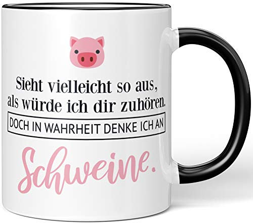 JUNIWORDS Tasse, Sieht vielleicht so aus, als würde ich dir zuhören. Doch in Wahrheit denke ich an Schweine (1001493), Wähle Farbe, Schwarz
