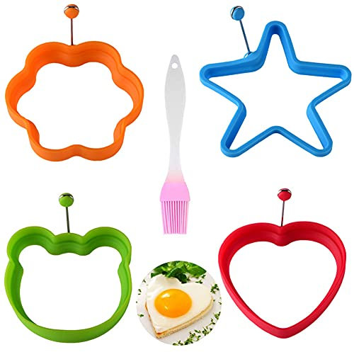 OUOQI 4 Pcs Spiegeleiformen,Spiegelei Silikonform,Ei Ring,Kreative Omelett Form,Blume,Bär,Stern und Herz mit 1pcs Basting Pinsel,Zum Braten süßer und leckerer pochierter Eier und Pfannkuchen (2)