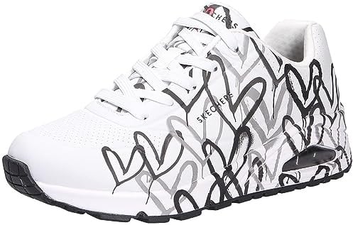 Skechers Damen Sneakers, White W Black and Grey Heart Print Durabuck, 39.5 EU