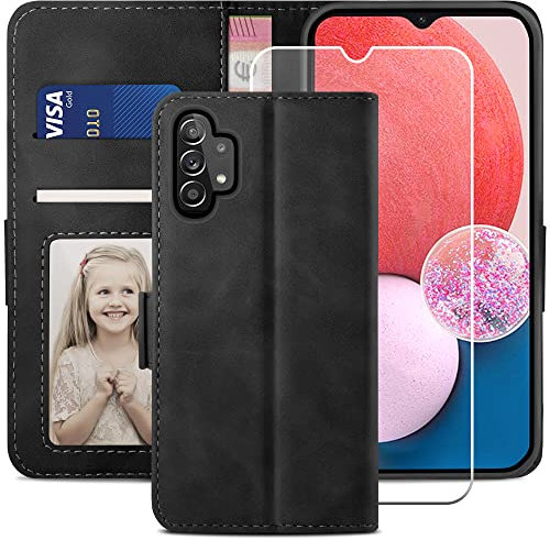 YATWIN Handyhülle Kompatibel mit Samsung Galaxy A13 4G/5G/A04S Hülle +1 Stück Panzerglas Schutzfolie, Klapphülle A13 Premium Leder Brieftasche Schutzhülle [Kartenfach][Stand] Handytasche Case, Schwarz
