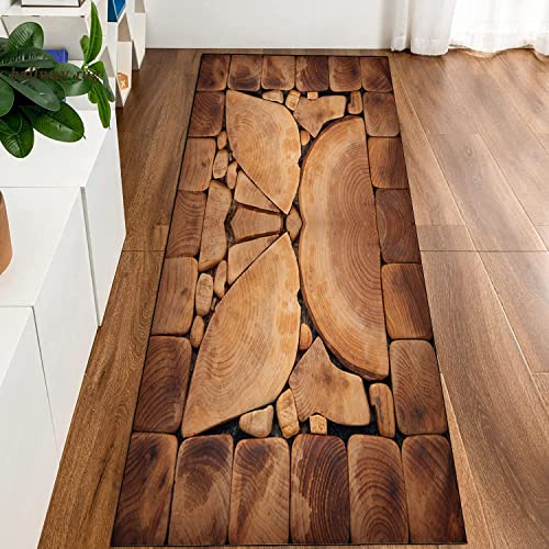 Siunwdiy Teppich Läufer Flur rutschfest Holzmaserung Meterware Küchenläufer Korridor Teppich Läufer Waschbar Modern Schlafzimmer Wohnzimmer Breite 60Cm/ 70Cm/ 80Cm/100Cm/ 120Cm,Braun,70x180cm