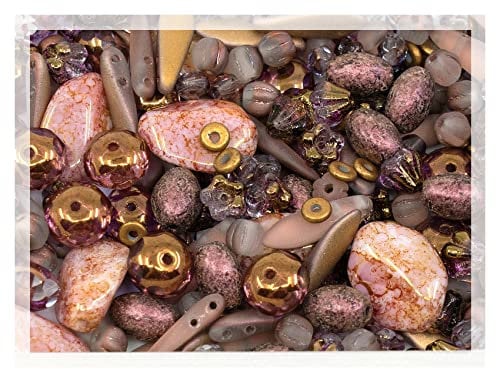 2.1oz (60 g) Mix of Unique Czech Bohemia Glass Pressed Beads, Matte and Glossy, Hand Made, Antique Copper Pink