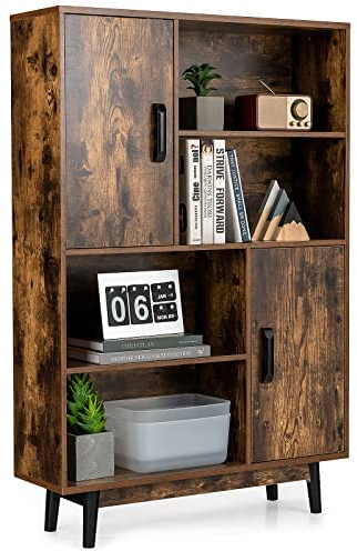 COSTWAY Bücherregal Holz, Standregal mit 2 Türen und 4 offene Regale, Bücherschrank Holzregal Aufbewahrungsregal für Arbeitszimmer, Wohnzimmer 80x24x120cm (Kaffee)