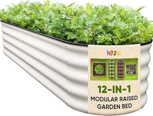 IDZO Premium Hochbeete aus verzinktem Stahl, 2,4 x 0,6 x 0,4 m, für den Außenbereich, 12-in-1 großes modulares Metall-Hochbeet mit 7 Beschichtungsschichten für Gemüse, Kräuter, Blumen, Elfenbein