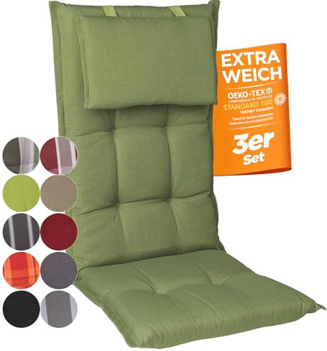 gardisun Gartenstuhlauflagen Hochlehner mit Kopfteil I Extra Dicke Sitzauflagen I Made in Europe I Ideale Polsterauflagen für Hochlehner I Auflagen mit extra hoher Lichtechtheit I 3er Set I Grün
