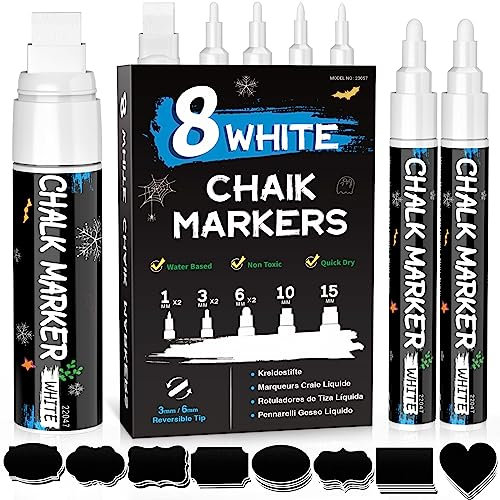 APOGO Weiß Kreidestifte für Tafel Abwaschbar, 8 Stück Kreidestifte für Fenster, Kreidemarker Kreidestift Set für Glas & Gewürzgläser(15mm, 10mm, 6mm*2, 3mm*2, 1mm*2) und 45pcs Kreidetafel Labels
