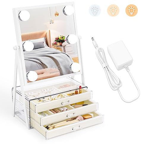 wobsion Hollywood Mirror with Lights, Light Up Mirror with Jewelry Box, Dressing Table Makeup Mirror with Lighting Dimmable, Plug In and 3 Colour Lighting Modes, Women Gift(White)