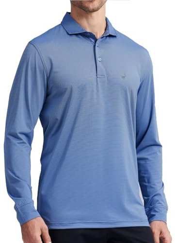 MICHEL ROUEN Long Sleeve Polo Shirts for Men Performance Moisture Wicking Lightweight Athletic Striped Golf Shirts for Men, Blue Denim Stripe, Medium