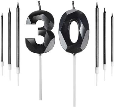 Black 30th Birthday Candles Set, Number 30 Candle With Black Gold Long Candles, Birthday Cake Topper Decorations for Party Wedding Anniversary