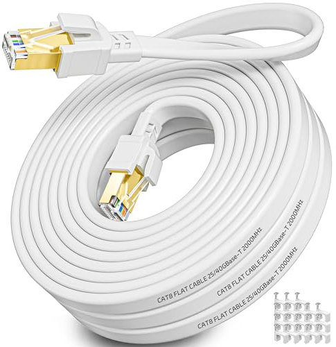 Soibke Cable Ethernet 18 Metros, Cable de Red Plano Cat 8 Cable LAN 18m Alta Velocidad Blindado - 40Gbps 2000MHz Cable RJ45 18m Gigabit Cable de Conexión para Rúte, Módem (Blanco, 18 Clips)