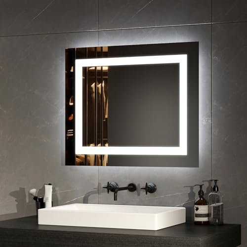 EMKE Badspiegel mit Beleuchtung 60x50cm, Badezimmerspiegel mit Beschlagfrei und 2 Lichtfarbe Warmweiß/Kaltweiß, Kippschalter, LED Badspiegel Klein Horizontal/Vertikal
