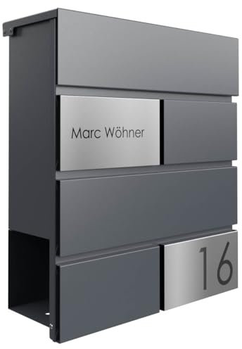 Briefkasten Manufaktur Design Briefkasten Kant Edition mit Zeitungsfach - Elegance 3 individuell mit Ihrem Namen & Hausnummer (RAL 7016 anthrazitgrau)