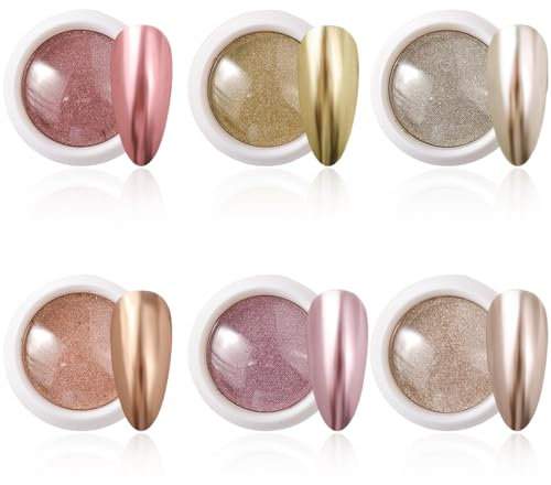 wlertcop 6pcs Chrome Nail Powder, Shiny Nail Art Powder, Chrome Powder for Nails, Rose Gold Mirror Effect Nail Powder, Magic Mirror Effect Pigment Nail Accessories for DIY Manicure