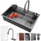 Fregadero Cocina 81 * 50CM Fregadero cuadrado de Acero Inoxidable Fregadero cocina un seno cascada Raindance con Grifos Extraible con Manguera de Desagüe