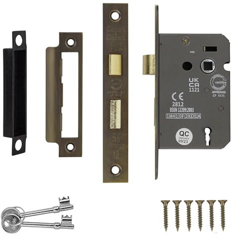 Decoranddecor Sash Mortice Door Lock with Keys - 2.5inc /64mm - Antique Brass - Fire Rated - UKCA & CE Approved
