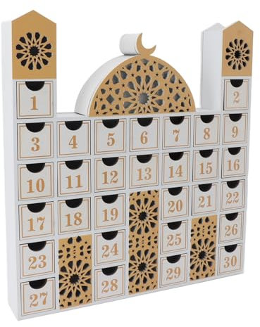 Moschee-Countdown-Kalender aus Holz, 33,5 X 5,36 Cm, MDF-Adventskalender mit LED-Licht Zum Feiern des Ramadan (JM01507)