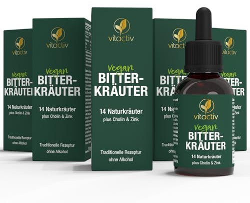 VITACTIV Bitterkräuter - Bittertropfen ohne Alkohol - Erlesene Kräuter plus Cholin & Zink - Bitterstoffe Tropfen nach Hildegard von Bingen - Ohne Künstliche Zusätze, Zuckerfrei, Vegan - 250ml