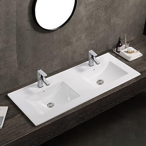 1200mm Bathroom Sink Inset Basin Cloakroom Basin Sink, Thin-Edge Countertop Basin Ceramic Sink Bowl, Modern Overflow Vessel Sink Double Wash Basin Bowl Sinks for Bathrooms