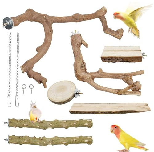 Woohome 7 Stück Natürliche Sitzstangen für Vögel, Holz Papagei Schaukel Spielzeug
