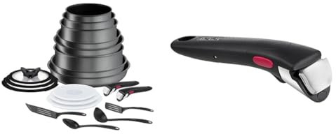 Tefal Ingenio Batterie de cuisine 20 p, Poêles, Casseroles, Induction, Revêtement antiadhésif & Ingenio Poignée amovible noire, Empilable, Verrouillage sécurité 3 points