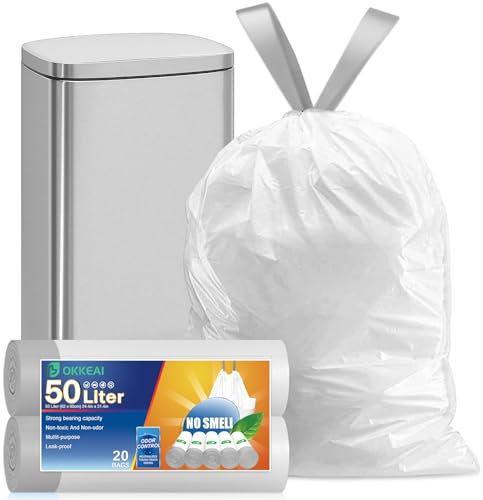 OKKEAI Lot de 20 grands sacs poubelle - 50 l - Avec cordon de serrage - Pour la cuisine - Blanc