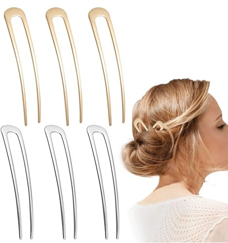 Lot de 6 épingles à cheveux en forme de U en alliage Fourche à cheveux en métal en forme de U Pas facile à casser, Vintage Or et Argent 2 dents Chignon Épingle à cheveux pour femmes et filles