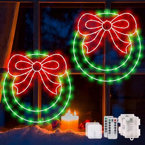 170 LED Weihnachtsdeko Fenster, 8 Modi Warmweiß Weihnachtsbeleuchtung Fenster, Kranz Lichtervorhang Batteriebetriebene mit Fernbedienung und Timer für Weihnachten Deko, Party, Balkon, Garten (2 Stück)