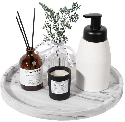 Silicone Bathroom Tray Round Vanity Tray Decorative Soap Holder Kitchen Countertop Organizer Coffee Table Decor for Candle, Perfume, Plant, 11 Inch, Marble Grey