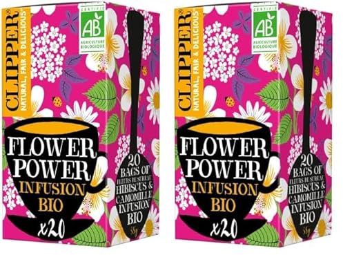 CLIPPER - Infusion Bio - Flower Power - Fleurs de Sureau, Hibiscus & Camomille - 20 Sachets d'Infusion - 2 paquet