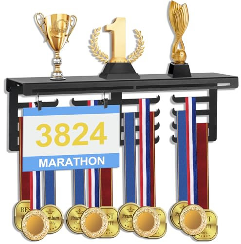JUJOYBD Porta medaglie per trofei, medaglie e numeri di partenza, scaffale trofeo con porta medaglie e porta numero, scaffale per premi, montaggio a parete