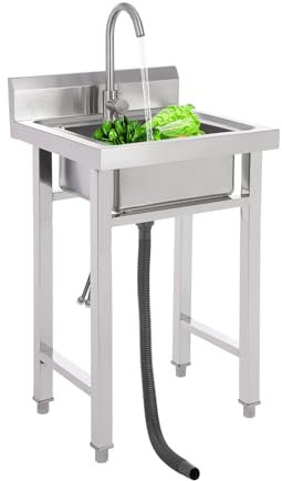 MINRS Fregadero de cocina de acero inoxidable independiente, fregadero de cocina comercial con grifo, para exteriores y camping, con cesta de colador para exteriores, cocina, restaurante, jardín, bar,