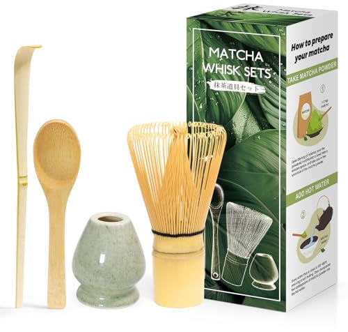 Kurkip 4 Piece Matcha Japanese Ceremony Kit, Natural Bamboo Matcha Whisk, Bamboo Spoon, Scoop, Whisk Holder, Matcha Set for Tea Ceremony, Beverage - Matcha Green