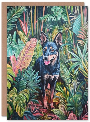 Artery8 Greeting Card Kelpie In Exotic Jungle Nature Plants Dog Lover Blank For Him Or Her Art Birthday Card