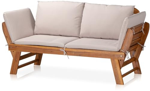 KHG Gartenbank Akazie geölt, Daybed, Sonnenliege, Lounge-Set Gestell Braun klappbar, abnehmbare Auflagen aus Polyester Hellgrau, wetterfest, 260 kg belastbar
