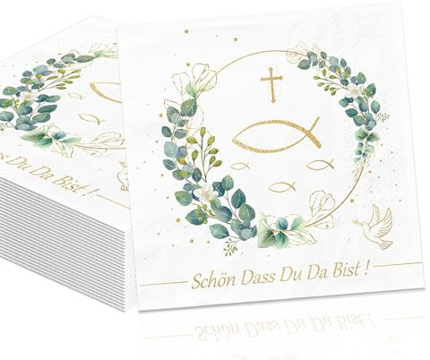 20 Stück Servietten Kommunion, 33 x 33cm Servietten Eukalyptus Grün, 3-lagig Schön Dass Du Da Bist Taufe Deko, Kommunion Taufe Konfirmation Deko, andere Festliche Anlässe Tischdeko