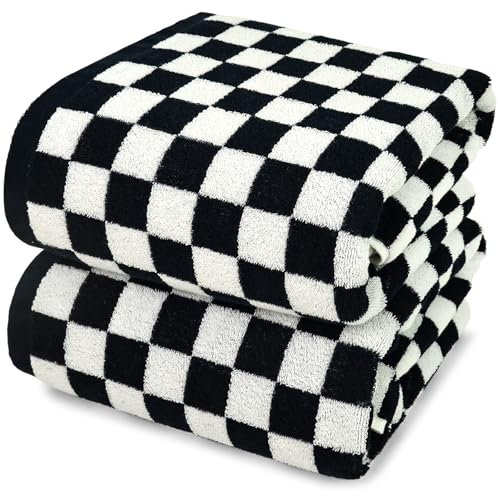 Jacquotha Lot de 2 serviettes de bain à carreaux noirs et blancs 100 % coton, douces, absorbantes et à séchage rapide, pour salle de bain, piscine, plage, spa