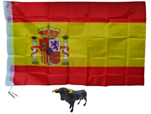 Toro decorativo in plastica e bandiera spagnola 92 x 56 cm – Confezione patriottica ideale per feste, eventi, regali, penna, decorazione spagnola, viaggi e souvenir (corna marroni)