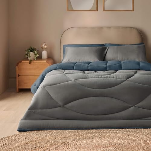 Silentnight Coverless 10.5 Tog Duvet, Blue & Charcoal, Super King | Luxury Washed Duvet & Pillowcase Set, Soft Stylish, Two Reversible Colours, All Year Round Comfort, No Cover Needed